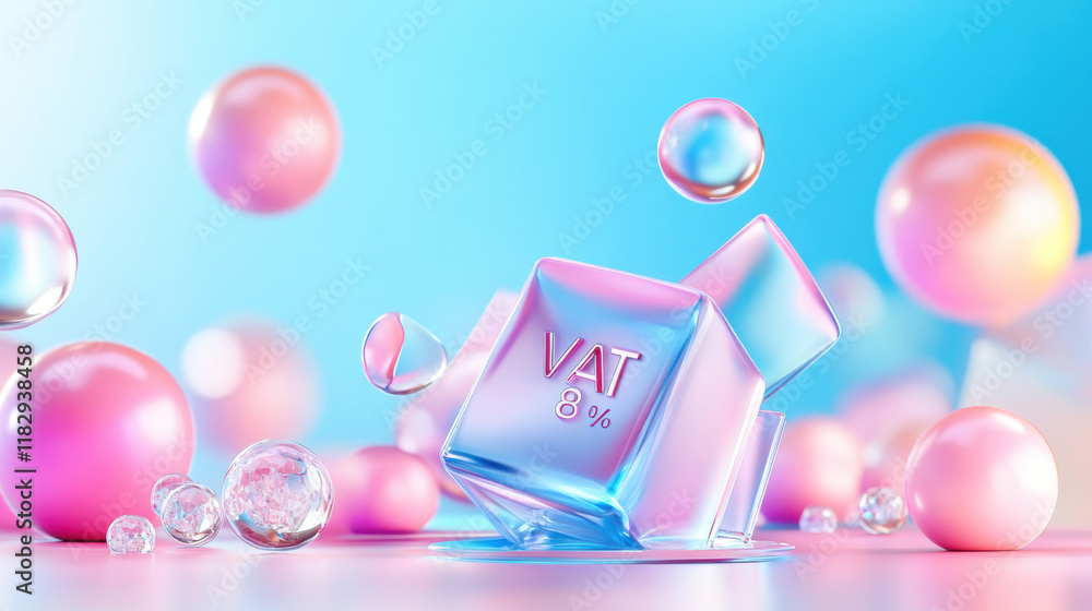 Poster floating ice like cube with vat 8% surrounded by colorful bubbles