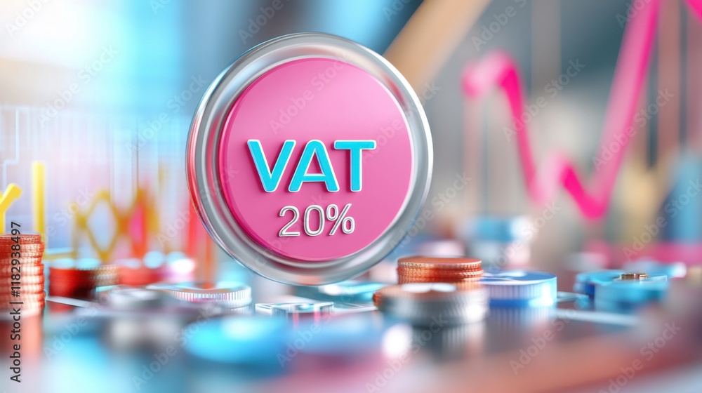 Poster vat 20% symbol on colorful coins and graphs, representing finance trends