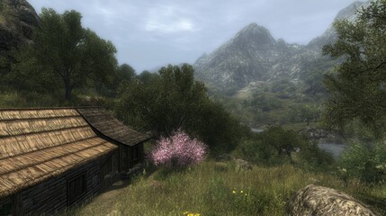 Rustic Cottage Scene Amidst Mountain Valley Landscape
