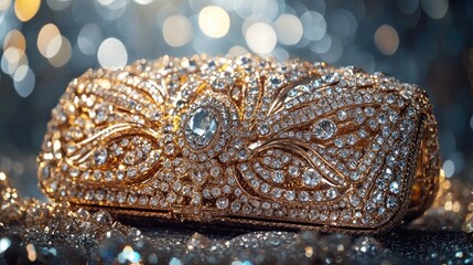 Fototapeta premium Exquisite diamond-encrusted clutch with gold accents and intricate jewel details, sparkling against a glamorous, glittering backdrop.