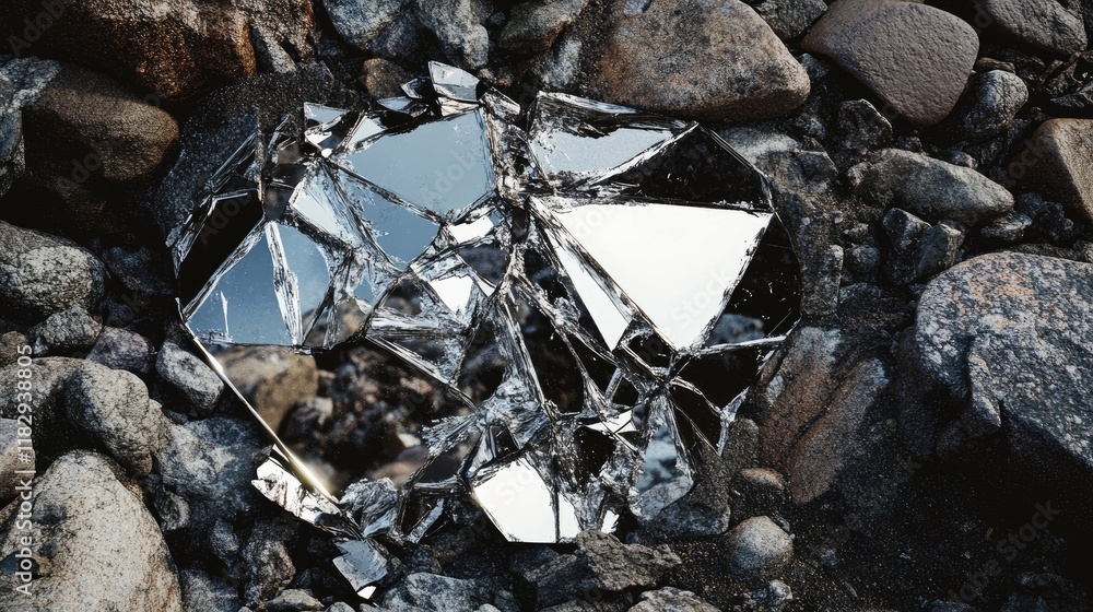 Poster fragments of a shattered mirror scattered over rocks, symbolizing the reflective contrast between ma