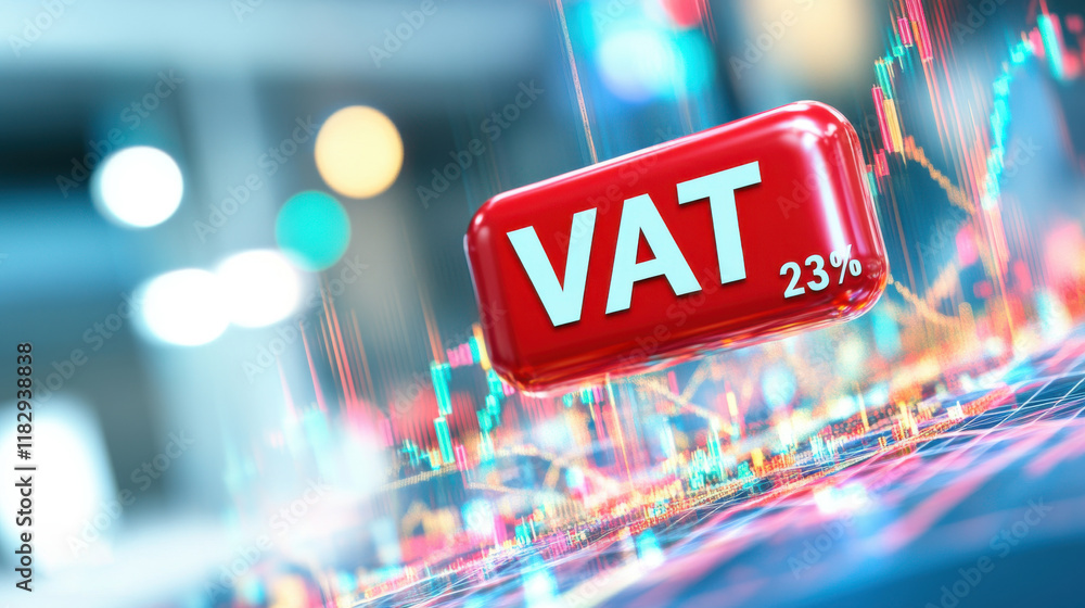 Poster red metallic vat 23% text with dynamic reflections and data visualization