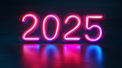 Futuristic 3D Neon "2025" Glowing in the Dark with Shadows - Immersive Technology Concept