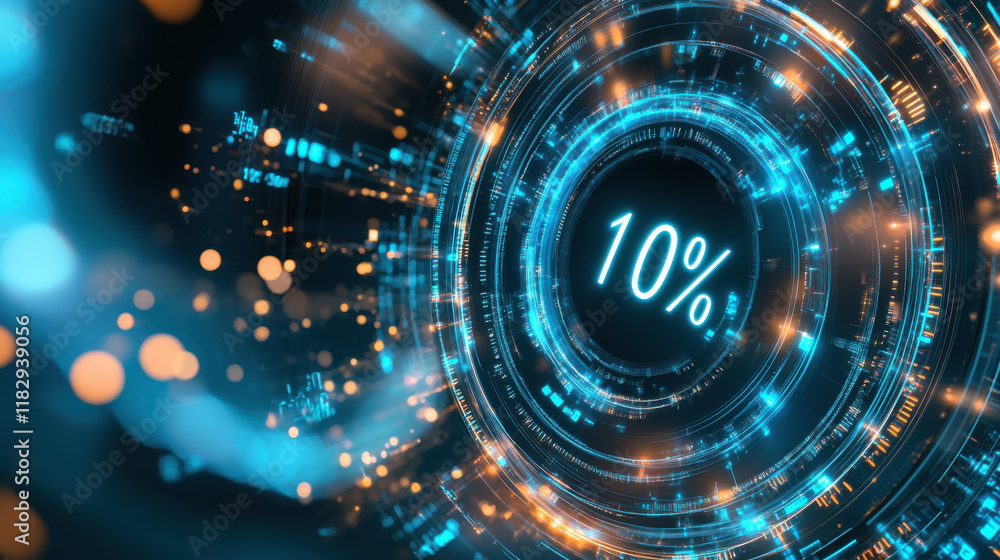 Poster futuristic blue digital display with glowing elements and 10% indicator