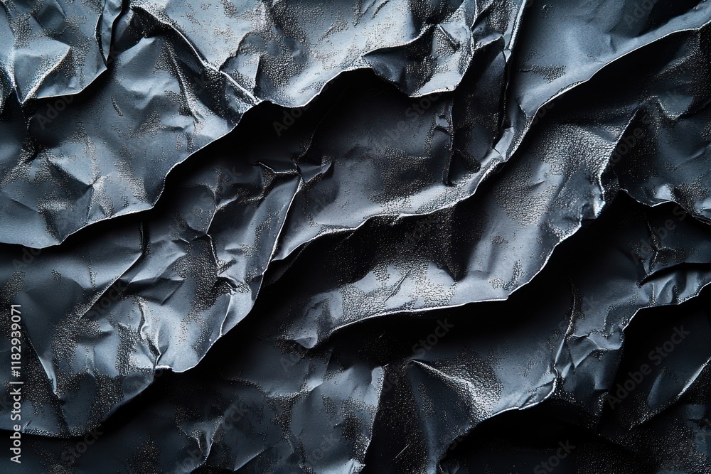 Poster crumpled black plastic texture with intricate patterns and shadows in abstract composition
