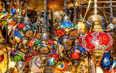 Grand Bazaar, Istanbul, Turkey. Traditional mosaic lamps were in Turkish mosques and tombs. Light represents divine presence and light of Koran.