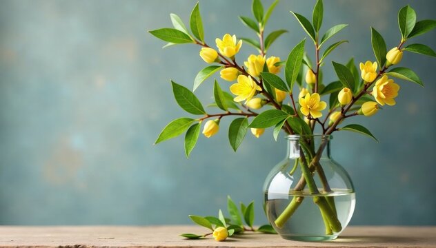 Small osier branches intertwined with willow shoots in a clear vase, vintage glass vase, osier branches