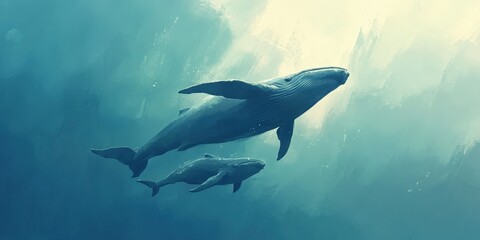 Naklejka premium A majestic blue whale swimming alongside its calf in the open ocean,
