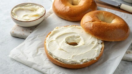 Overhead shot of a plain bagel with cream cheese spread placed on parchment paper.