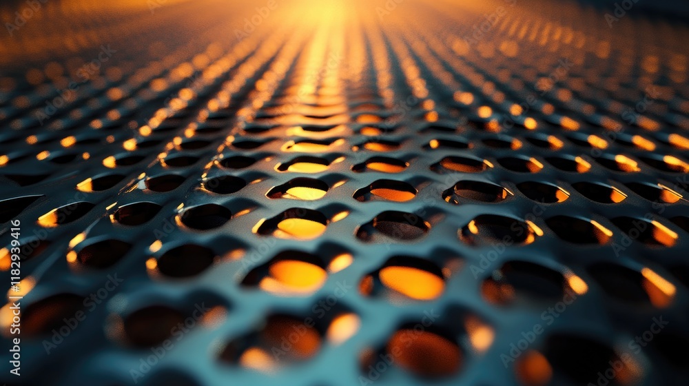 Poster Macro shot of a metallic grid with intricate textures, bathed in dramatic lighting that highlights its geometric details.
