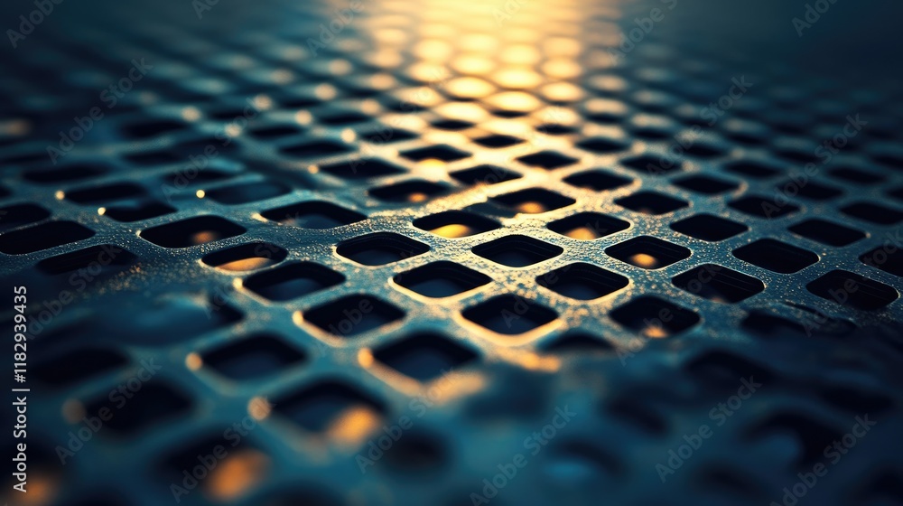 Poster Macro shot of a metallic grid with intricate textures, bathed in dramatic lighting that highlights its geometric details.