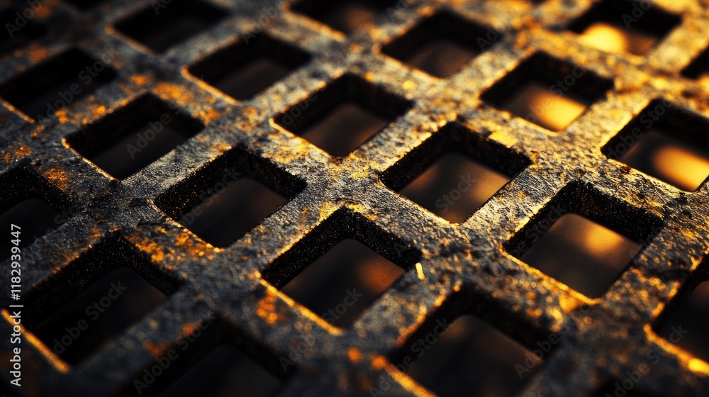 Poster Macro shot of a metallic grid with intricate textures, bathed in dramatic lighting that highlights its geometric details.