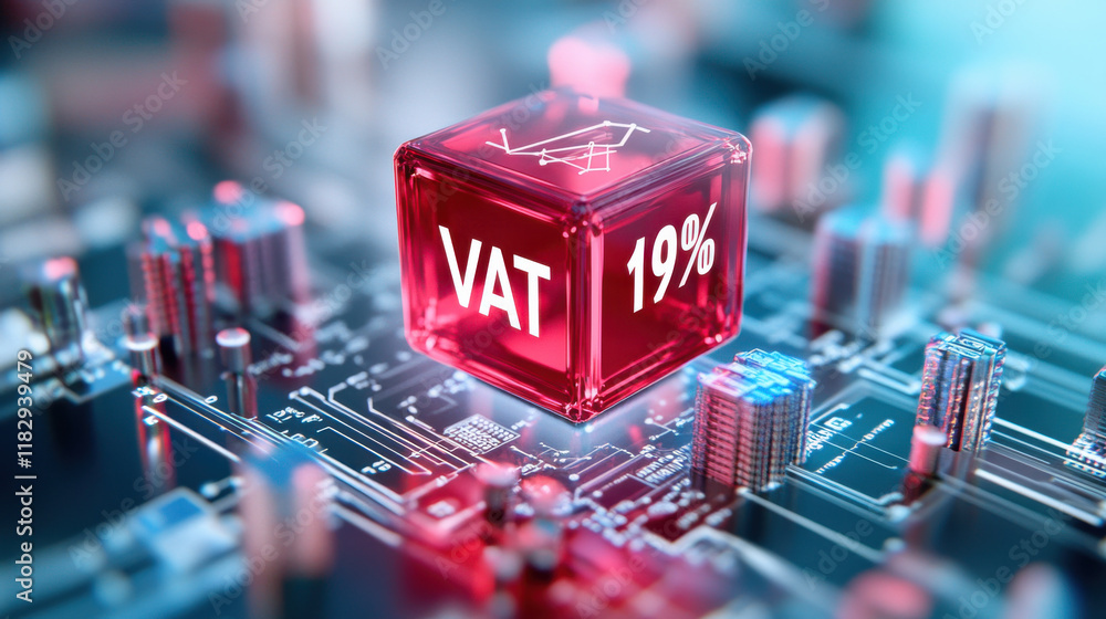 Poster futuristic red cube with vat 19% on digital circuit board background