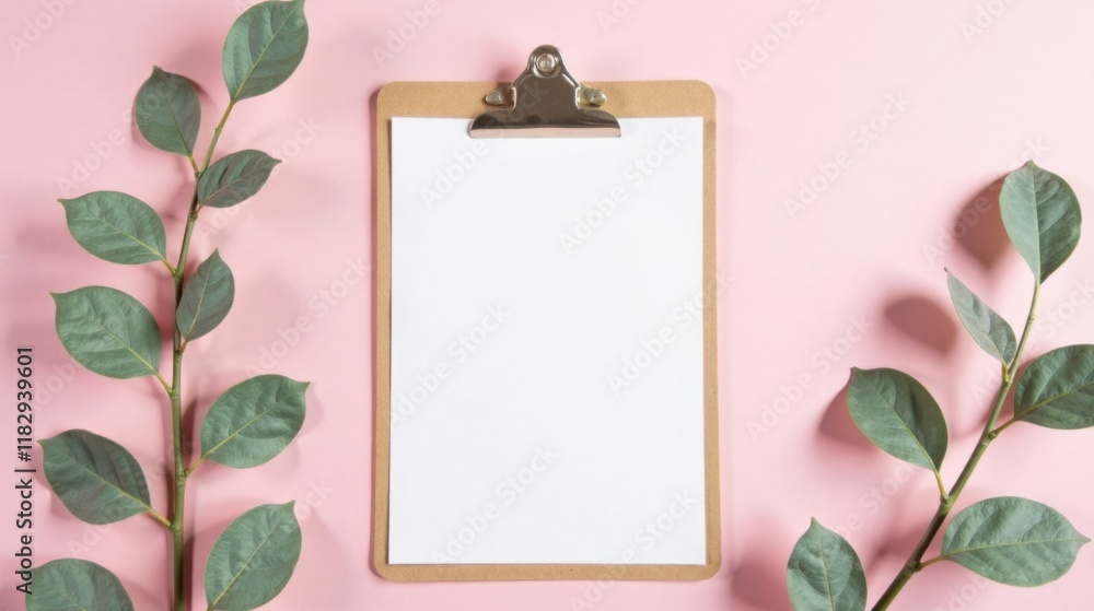 Poster blank clipboard with sprigs of greenery on a pink background, perfect for adding your text or design