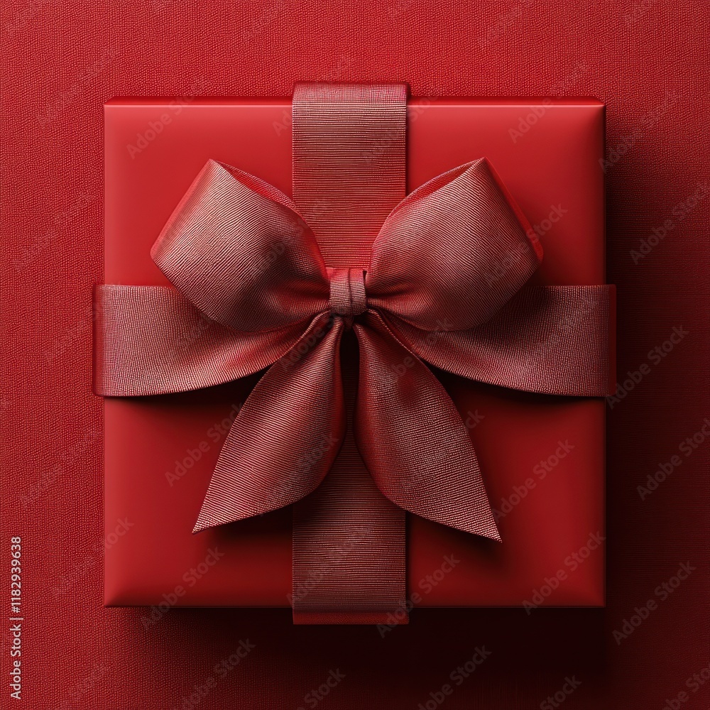 Poster red gift box top view with satin bow and glossy finish on red background elegant minimalist 3d rende