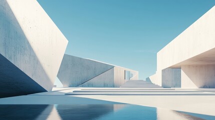 Modern geometric architectural design against a perfect clear blue sky, emphasizing minimalist lines and bold angles in a stunning urban scene.