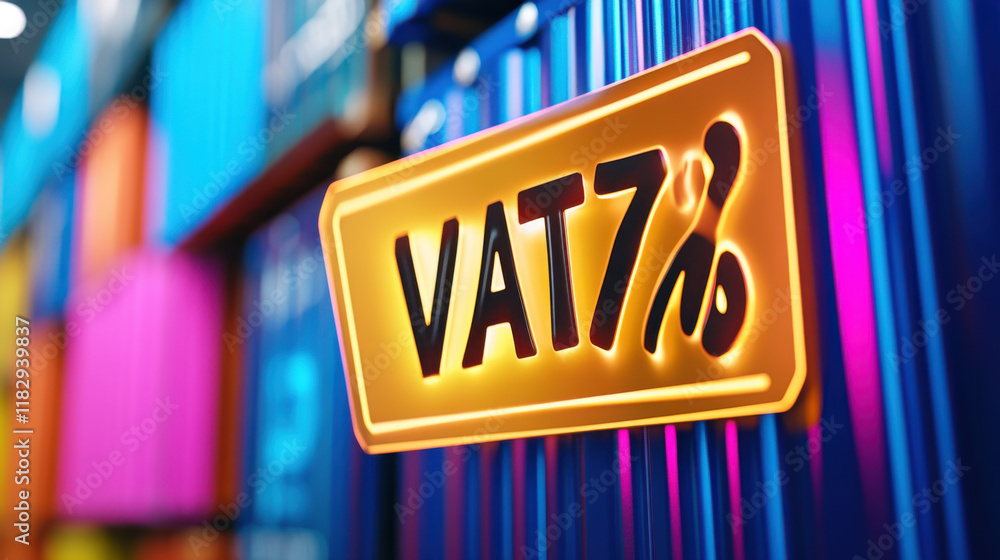 Aufkleber glowing geometric label with vat 7% on colorful background display