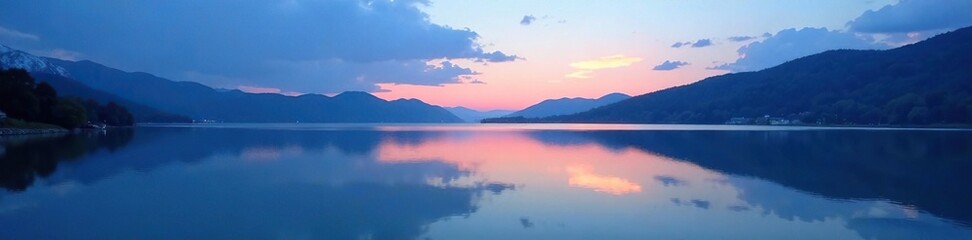 Fototapeta premium Soft blue hues of dusk dance across a tranquil lake, calmness, serene