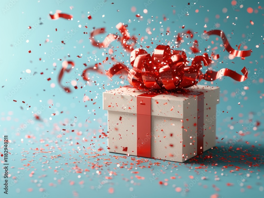 Poster gift box bursting open with red ribbons flying in minimalist style on pastel background 3d rendering