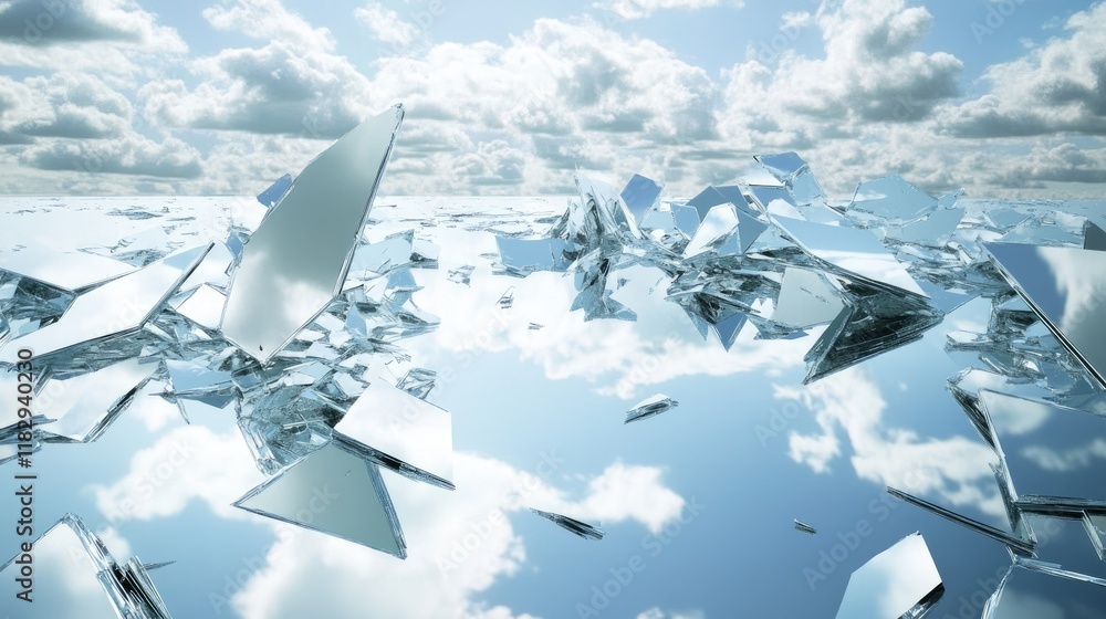 Poster reflective mirror fragments scattered across a white surface, capturing the essence of the sky and c
