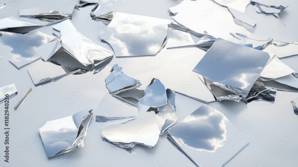 Poster reflective mirror fragments scattered across a white surface, capturing the essence of the sky and c