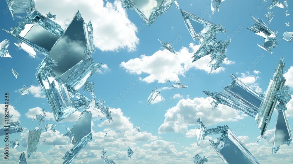 Poster reflective mirror fragments scattered across a white surface, capturing the essence of the sky and c