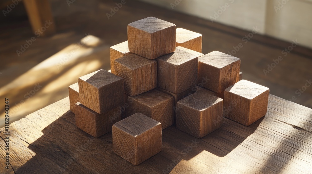Poster Rustic wooden blocks stacked in a geometric formation, basking in warm sunlight on a wooden table, with soft shadows adding depth and texture.