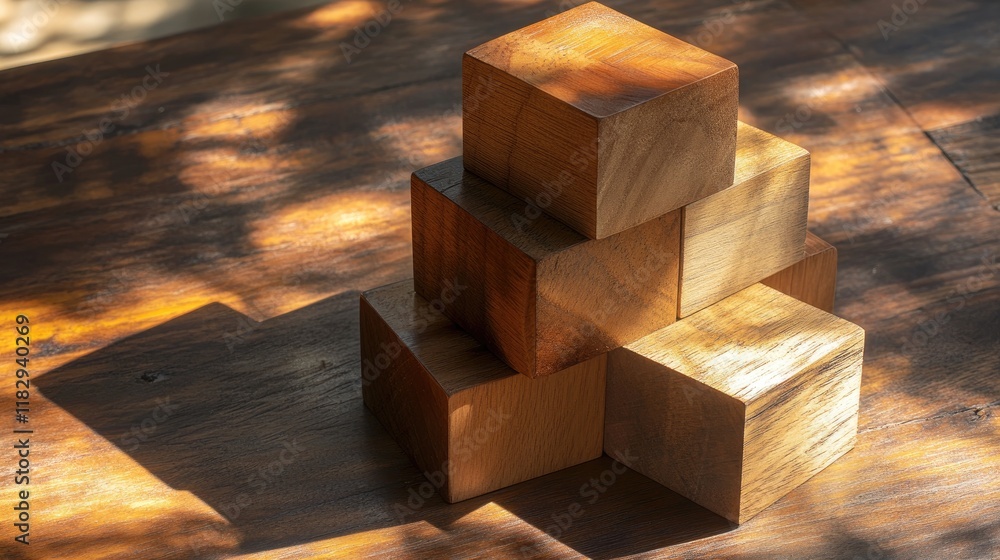 Poster rustic wooden blocks stacked in a geometric formation, basking in warm sunlight on a wooden table, w