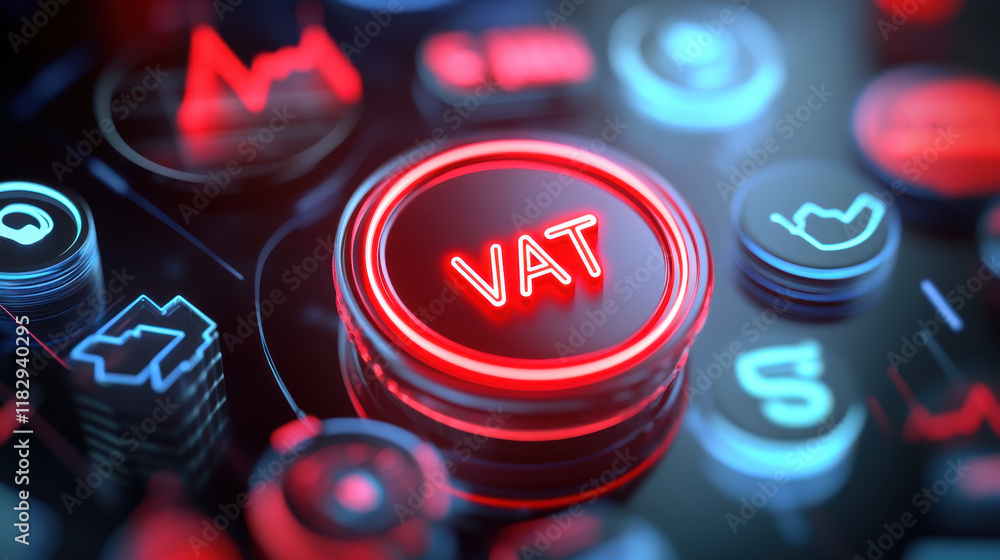 Aufkleber glowing red vat button on dark glossy surface with digital icons