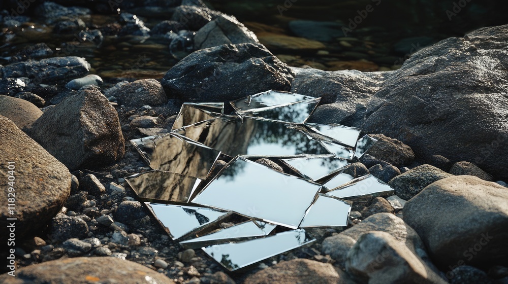 Poster shattered mirror pieces on rocks, reflecting the surroundings in a symbolic representation of fragil