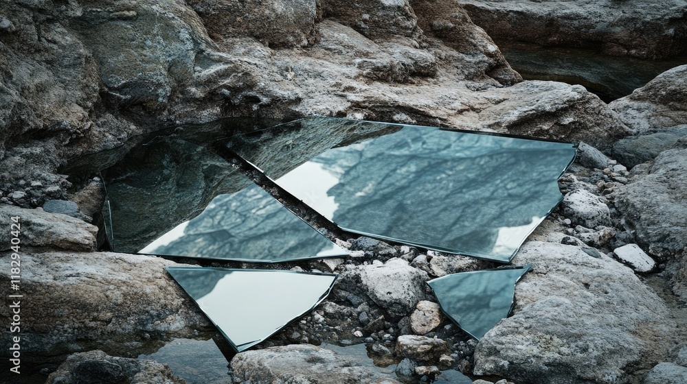Poster shattered mirror pieces on rocks, reflecting the surroundings in a symbolic representation of fragil