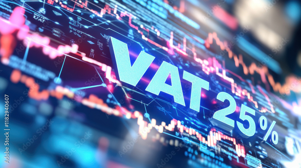 Poster high tech holographic vat 25% text floating in digital interface