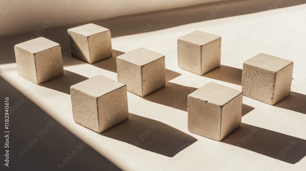 Aufkleber simple, abstract geometric setup of concrete cubes in perfect alignment, casting dramatic shadows on