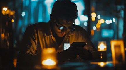 Obraz premium Candle chart of the company's shares in stock trading. Man trader using mobile phone checking stock exchange. Man using mobile phone with investing application.
