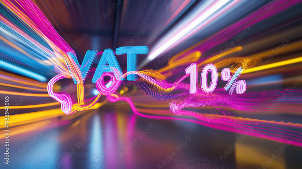 Poster colorful neon lights displaying vat 10% in dynamic motion effect