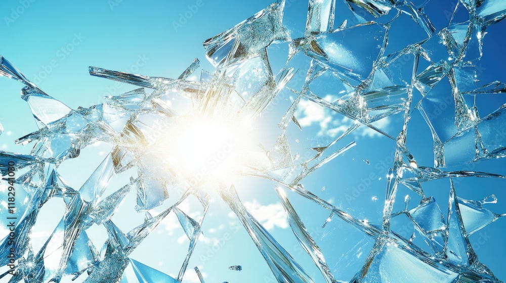Poster Sunlight gleams off shattered glass shards, creating a shimmering effect against the backdrop of a clear blue sky, showcasing abstract beauty.