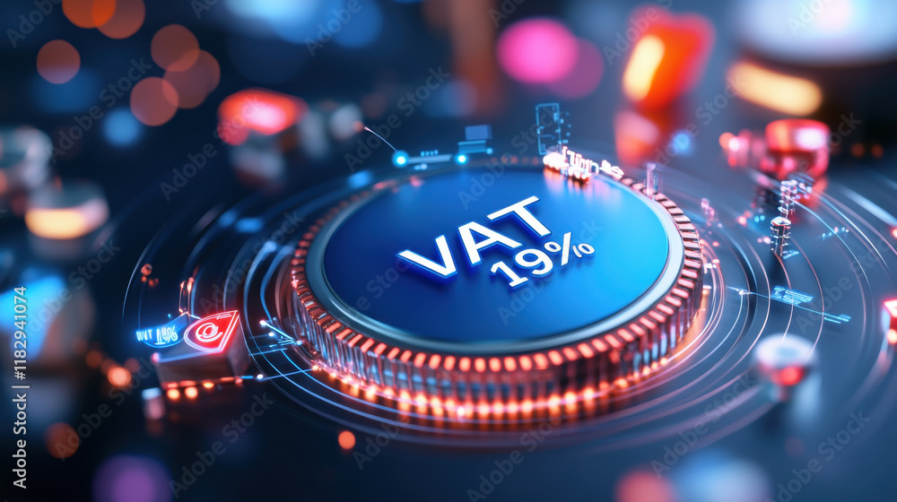 Poster vat 19% digital interface with futuristic design and glowing elements