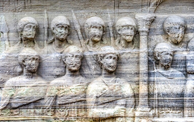 Roman base, Emperor Theodosius Court, Hippodrome of Constantinople, Istanbul, Turkey. Sculpted base shows the Court of Emperor Theodosius.