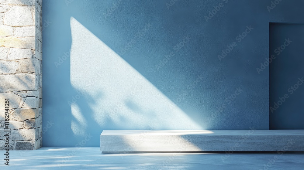 Aufkleber sunlight streaming onto a minimalist blue wall with a stone base, creating a peaceful and modern atm