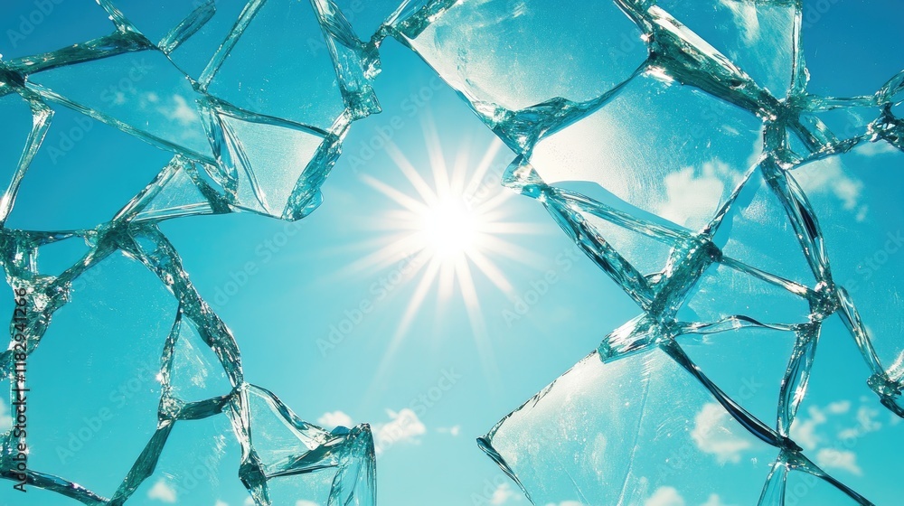 Aufkleber Sunlight reflects off the edges of broken glass shards, creating a dazzling effect against the expansive blue sky, evoking a sense of contrast.