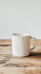 White Coffee Mug on Rustic Wooden Table with Neutral Background