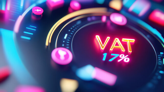 Glowing VAT 17 text on dark futuristic background with vibrant colors