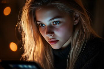 Femme blonde regardant un écran
