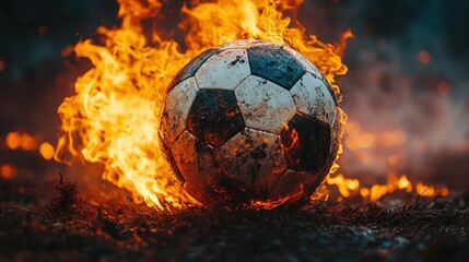Naklejka premium Burning soccer ball on ground.