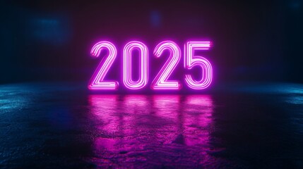 Glowing Future: Futuristic Neon 3D '2025' in Dark Space