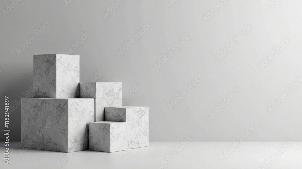 Poster abstract minimalist composition of grey cubes on white surface