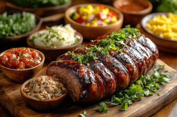Savory Grilled Meat Dish Surrounded by Fresh Salsas, Herbs, and Colorful Salad Ingredients on a Rustic Wooden Table