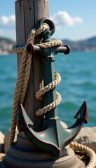 Obraz premium Vintage anchor rope wrapped around a sturdy wooden post, anchor, vintage anchor