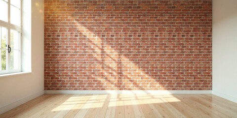 Sunlit Empty Room with Exposed Brick Wall and Light Wood Floor