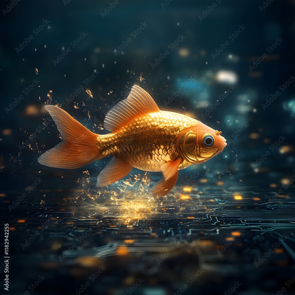 Poster captivating image of a vibrant goldfish swimming gracefully in an underwater aquarium with shimmerin